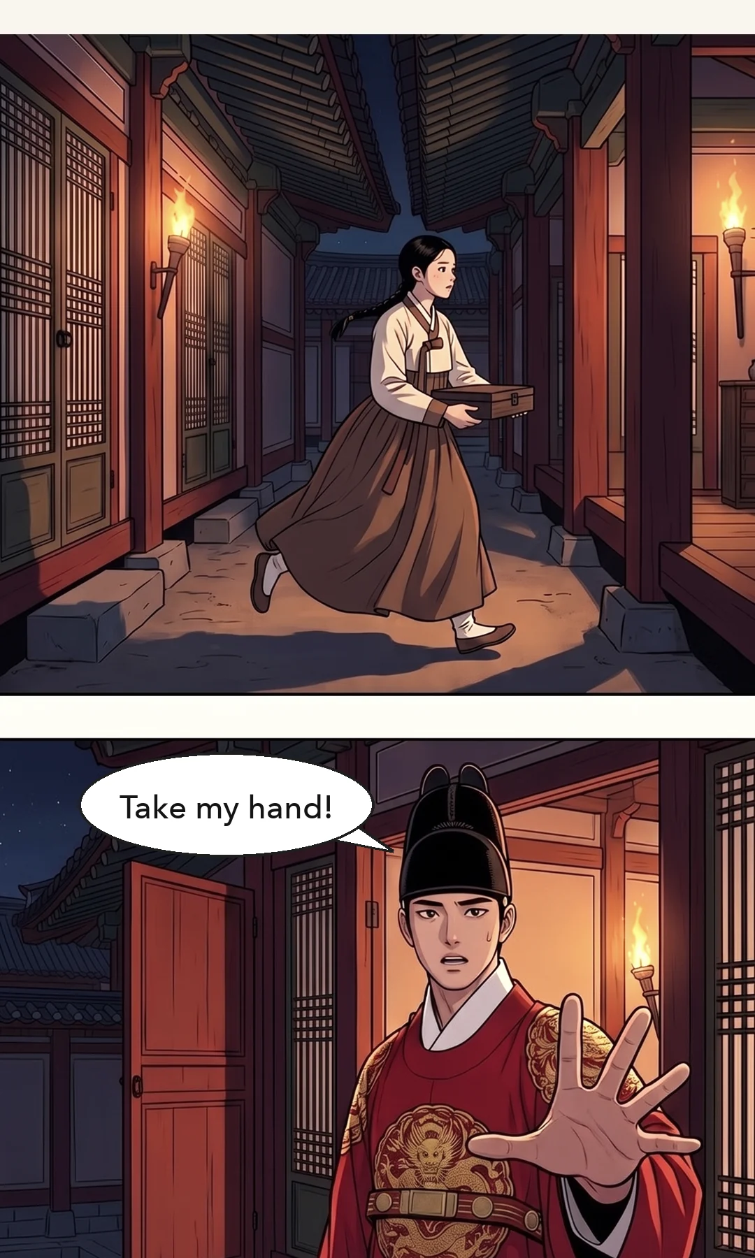 Yeonhwa struggling with a rebel holding both her arms. / Yeonhwa held fast. The door is already closed. — Yeonhwa: "Let go of me!" Yeonhwa: "Let go of me!"