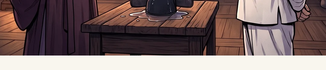 태식은 연화를 보지 못한 채 거짓 증언을 한다. / 태식이 종이 아래 수결한다. — 태식 "제가 보았습니다." 보지 못한 것을 보았다고 적었다.