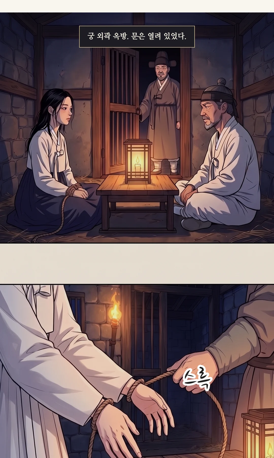 연화가 아버지의 눈을 보며 종이를 옥졸 쪽으로 돌린다. / 연화가 옥졸에게 방금 들은 말을 기록해 달라고 한다. — 연화 "방금 들은 말, 그대로 적어 주세요."