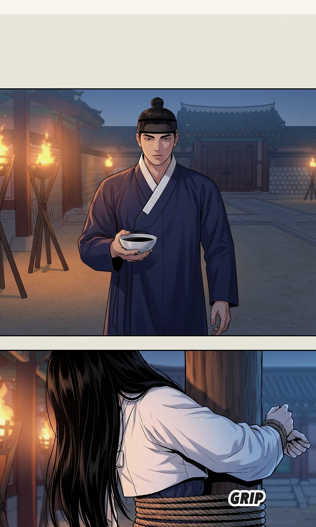 Doyun takes his father's hand and turns him around. — Doyun: "This time you stop him, Father."
