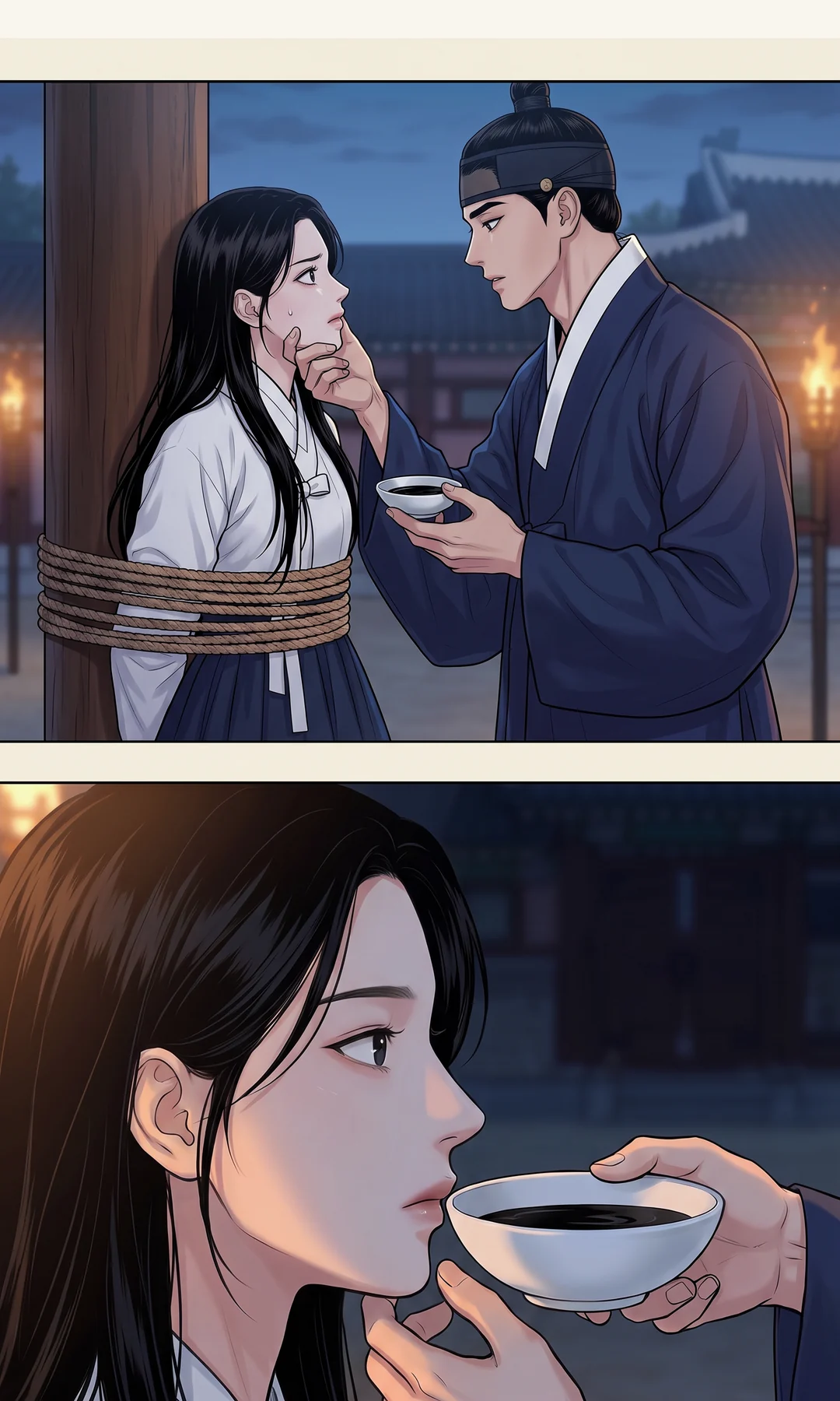 무영이 줄을 풀고, 줄은 기둥 아래 남는다. — 스륵