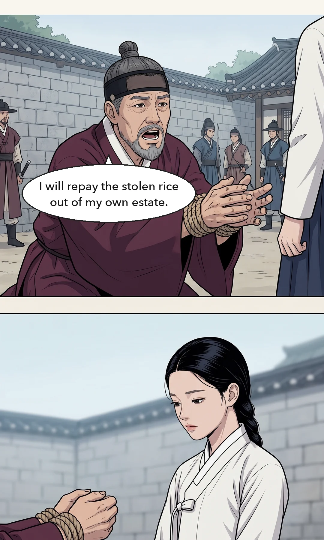 Yeonhwa raises her eyes from his hands to his face. — Yeonhwa: "Repay it with stolen money, and have the crime erased?"