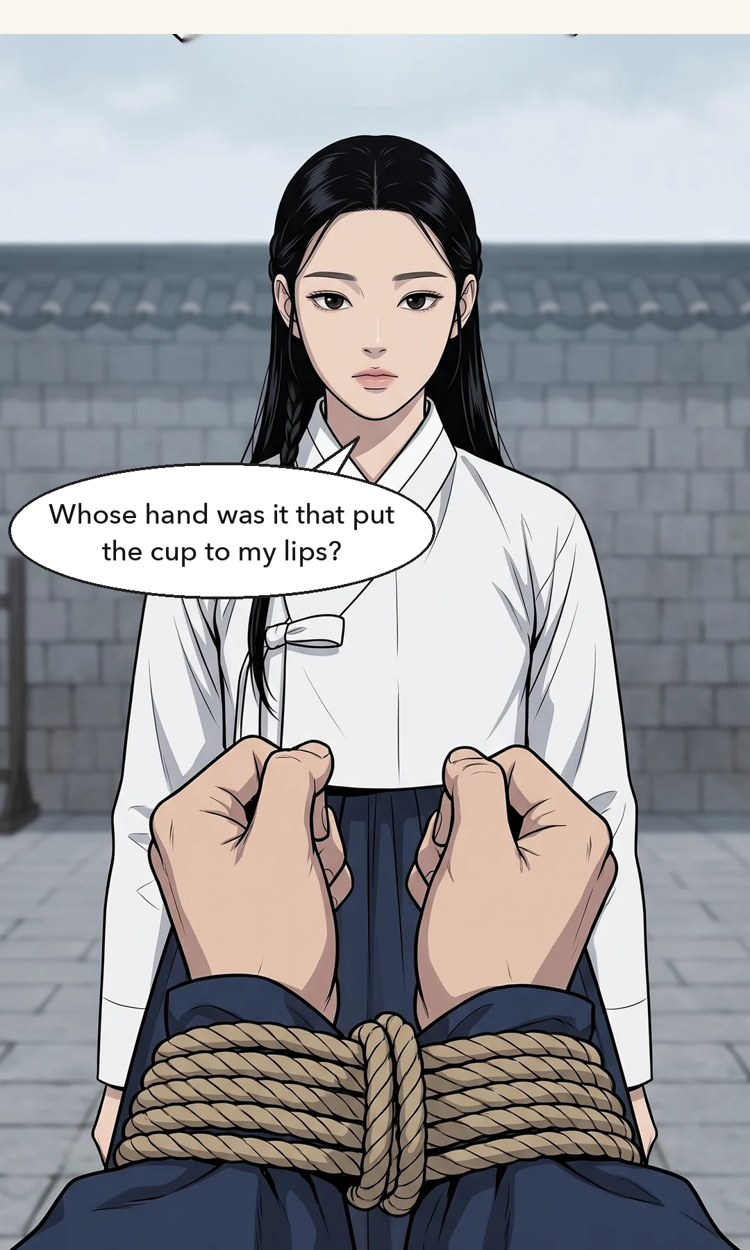 From a safe distance, Yeonhwa looks back once. — Yeonhwa: "That day — did you open the door?"
