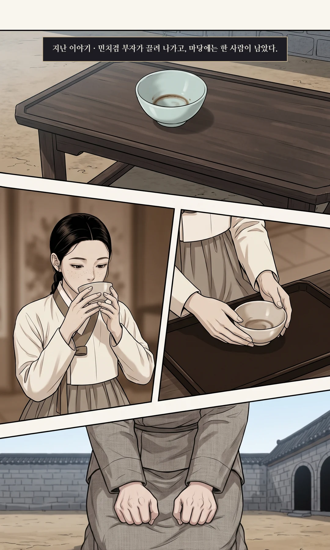 티저 — 찻잔과 움켜쥔 손. — 지난 이야기 · 민치겸 부자가 끌려 나가고, 마당에는 한 사람이 남았다. 언니에게 보낸 차를, 솔이가 마셨다.