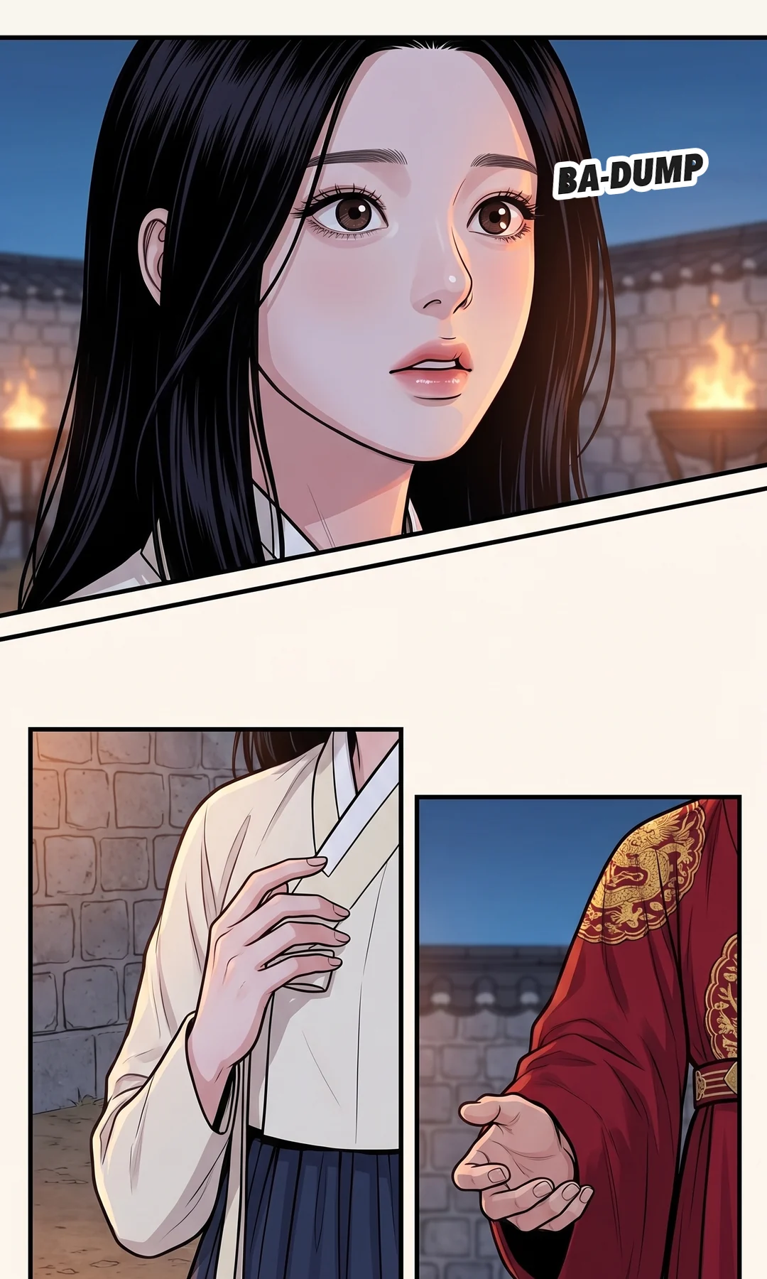 Night settling over the palace → the prison.