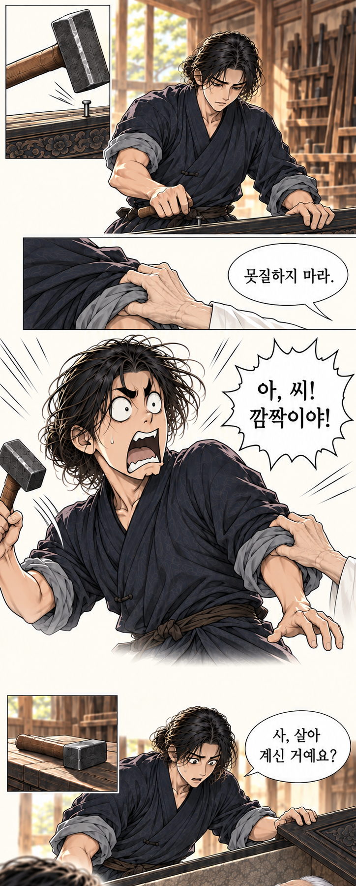 마교협객 1화 장면 P05. 대사: 아, 씨! 깜짝이야! 사, 살아 계신 거예요? 아직은.