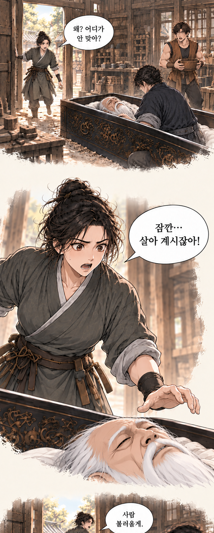 마교협객 1화 장면 P06B. 대사: 왜? 어디가 안 맞아? 잠깐… 살아 계시잖아! 사람 불러올게.