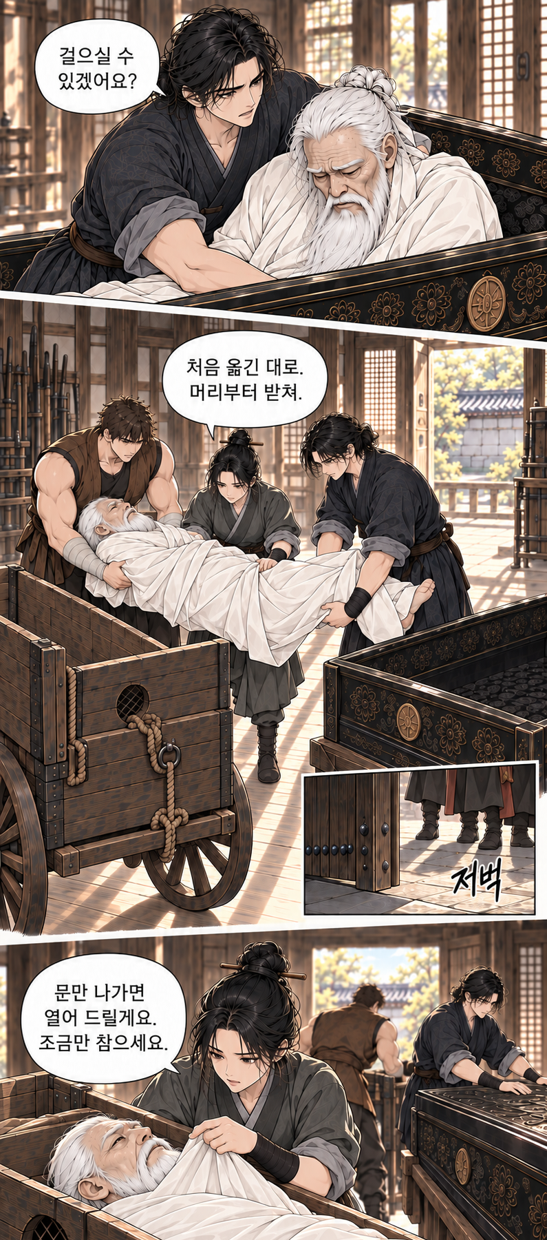 마교협객 1화 장면 P08. 대사: 걸으실 수 있겠어요? 처음 옮긴 대로. 머리부터 받쳐. 문만 나가면 열어 드릴게요. 조금만 참으세요.