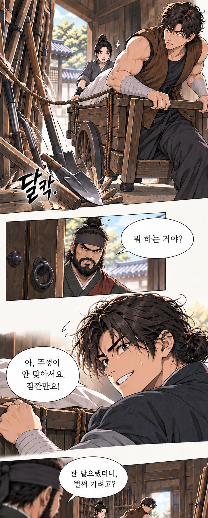 마교협객 1화 장면 P10. 대사: 뭐 하는 거야? 아, 뚜껑이 안 맞아서요. 잠깐만요! 관 닫으랬더니, 벌써 가려고?