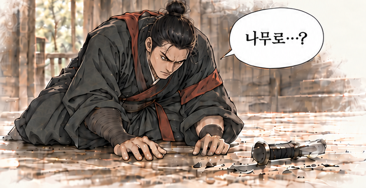 마교협객 1화 장면 P16. 대사: 칼 놔. 나무로…? (이어지는 그림 2)