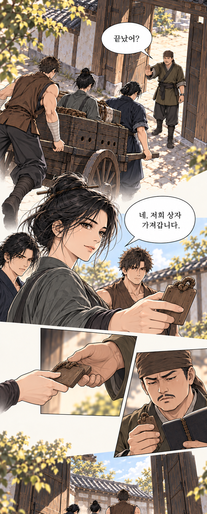 마교협객 1화 장면 P19. 대사: 끝났어? 네. 저희 상자 가져갑니다.