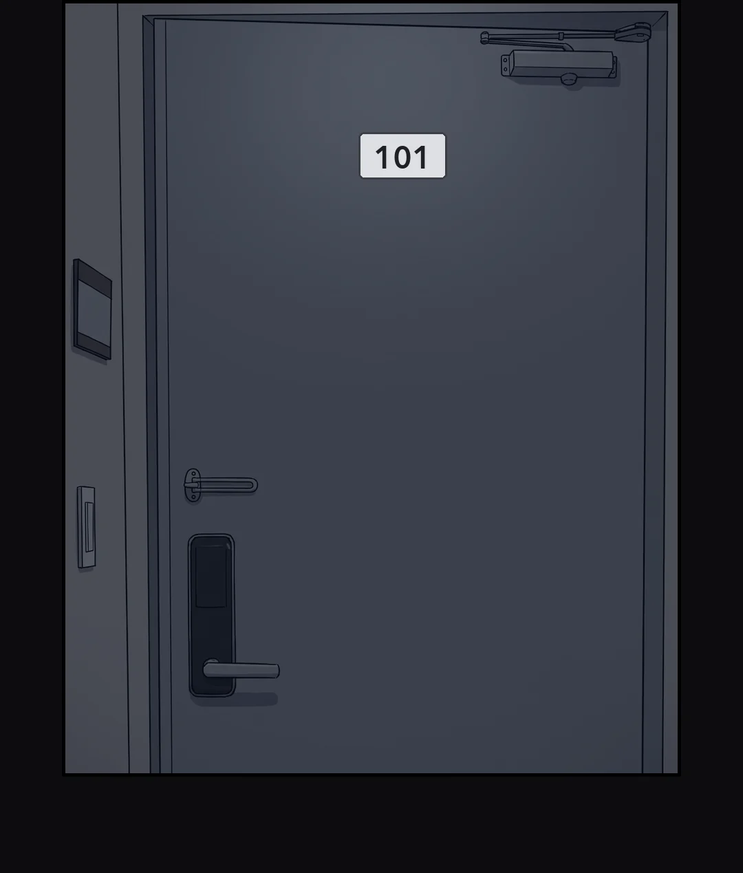 Night. The front door of unit 101.