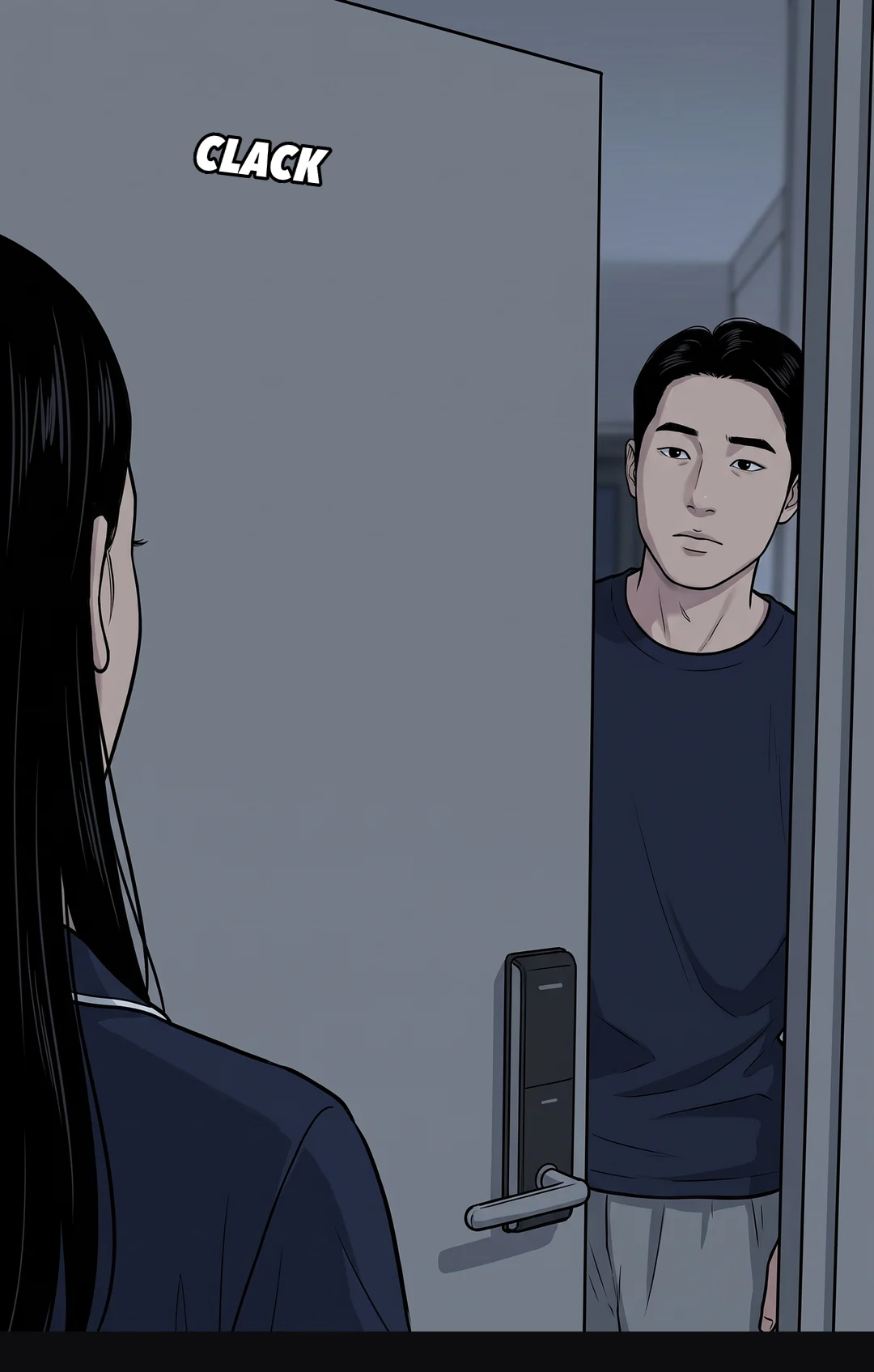 The door upstairs opens and Jun comes out.