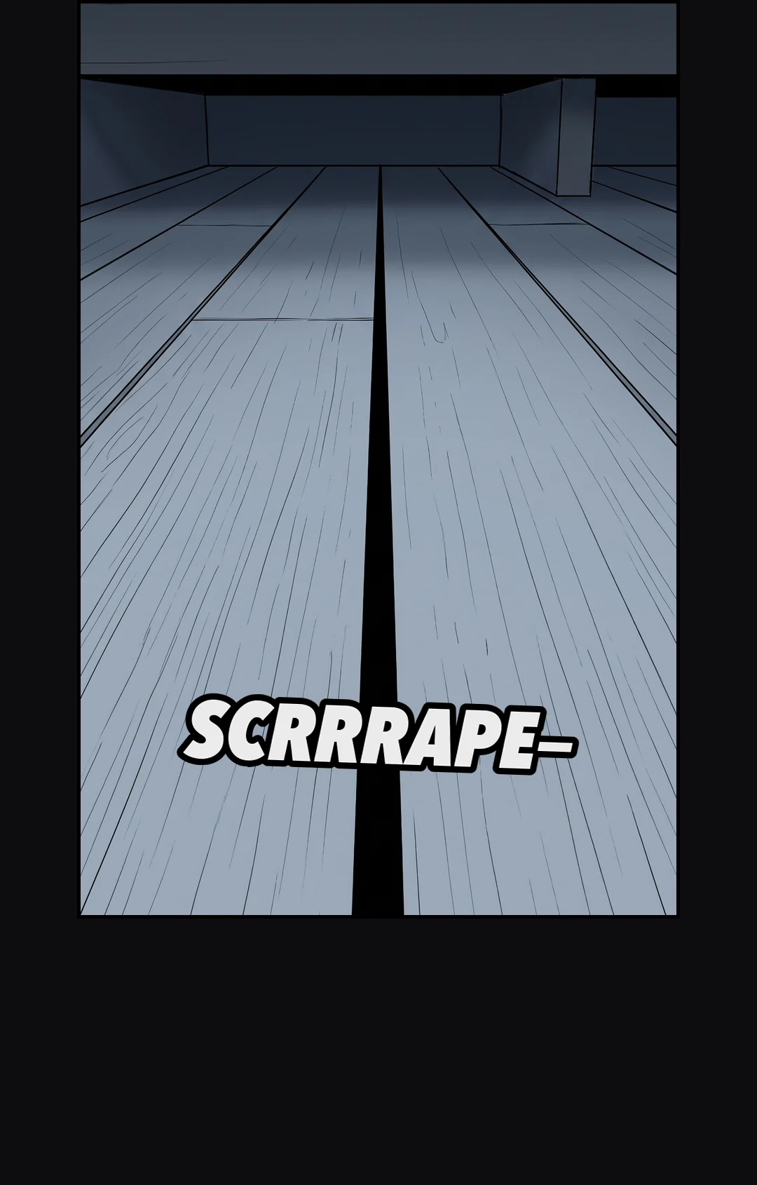 Behind Mirae, whose eyes are closed, an ash-grey hand rises from the gap in the boards.