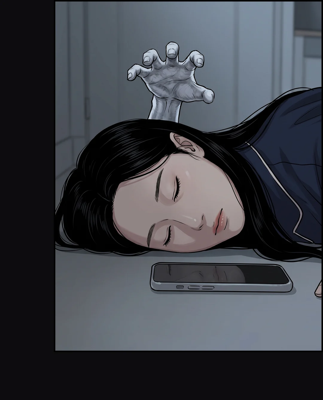 There is nothing behind her. The phone buzzes.