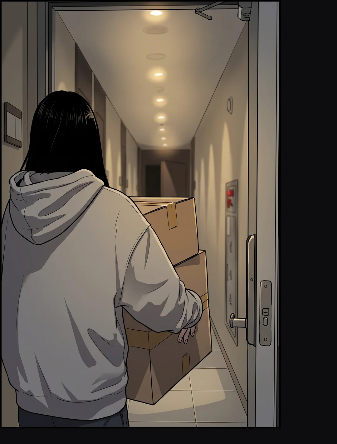 Night. The new tenant's boxes, and one chair.