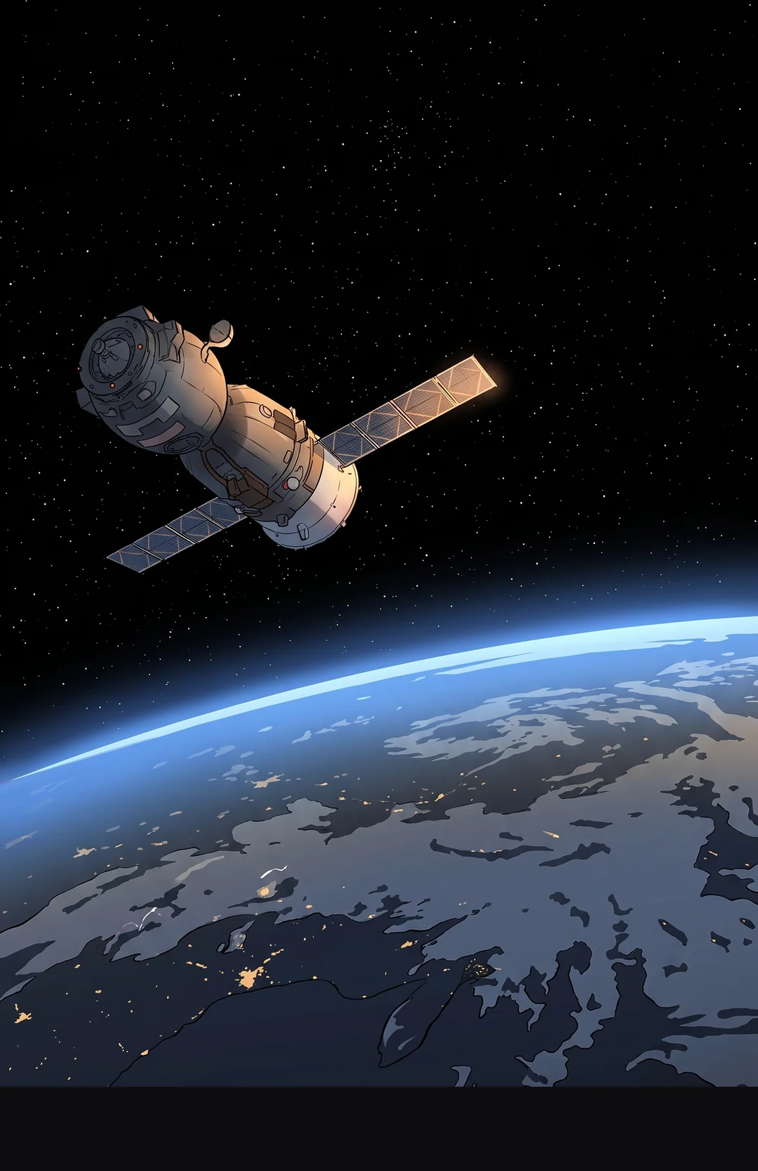 A small space station in orbit above the night side of Earth.