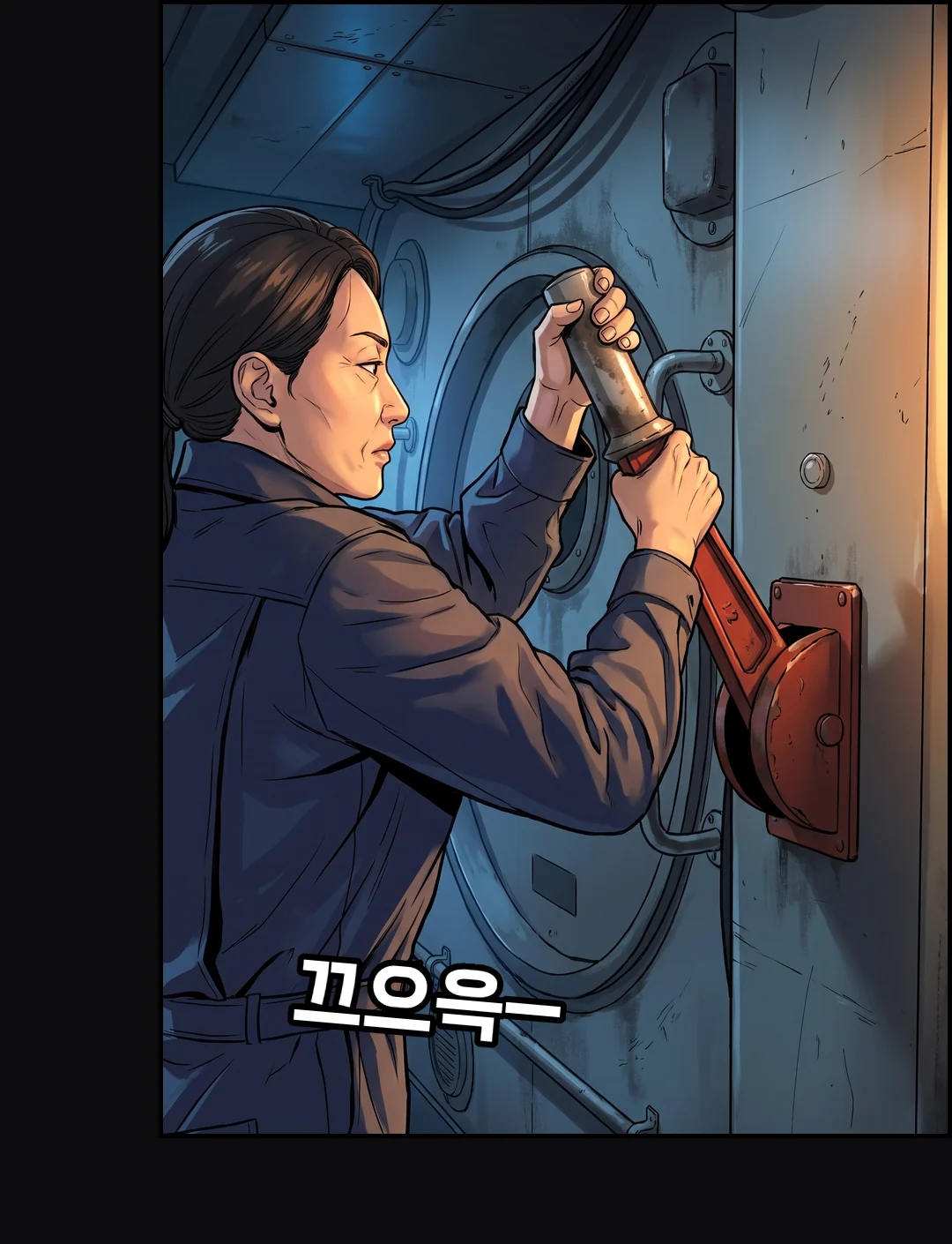 해치 창 너머의 헬멧 — 수아. 무전 "제가 띄웠어요. 승인 안 났는데 그냥 눌렀어요."