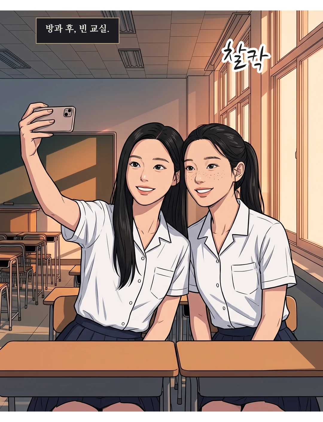 예나가 폰을 들고 보람과 함께 첫 셀카를 찍는다. 찰칵 한 번 — 방과 후, 빈 교실. / 찰칵