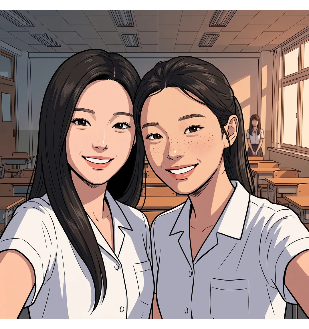 사진①. 긴 생머리 예나와 포니테일 보람 뒤에 멀리 형체가 있다. 정체는 알아볼 수 없다