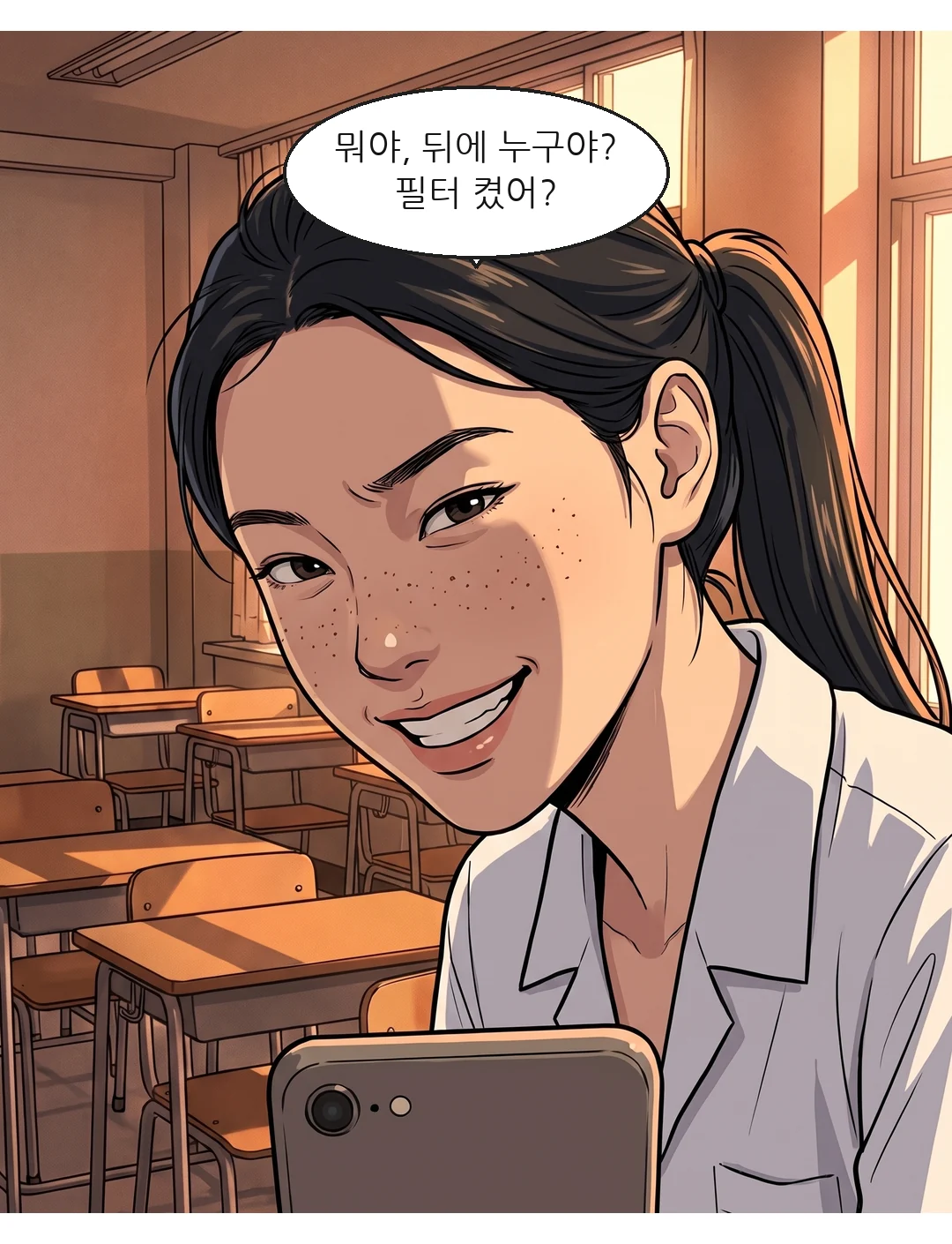 예나 바로 옆에 남은 보람이 같은 사진을 보며 장난이라고 말한다 — 보람: 뭐야, 뒤에 누구야? 필터 켰어?