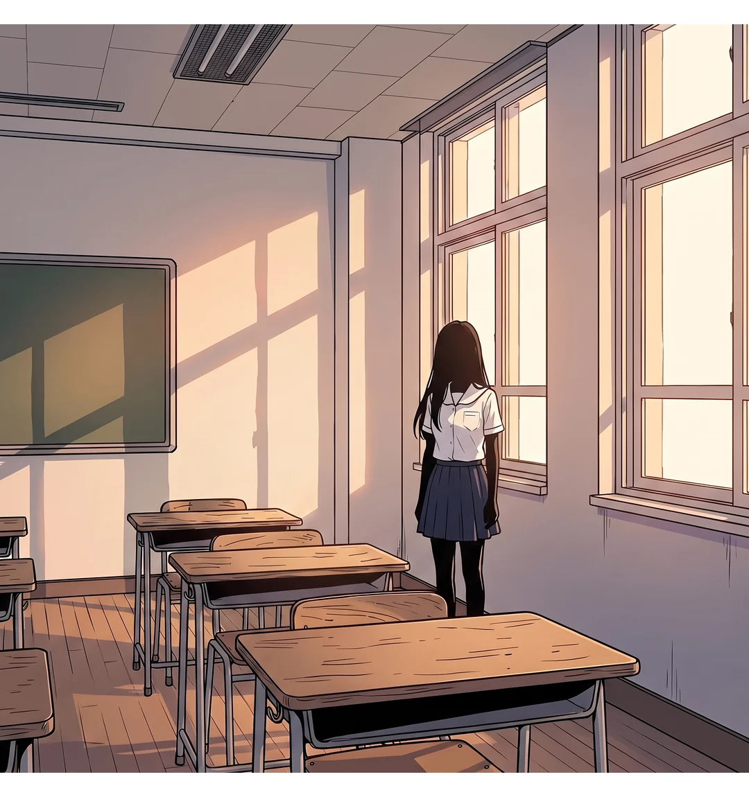 사진① 확대 — 먼 창가 형체. 흰 반소매 교복과 긴 생머리, 얼굴 식별 불가.