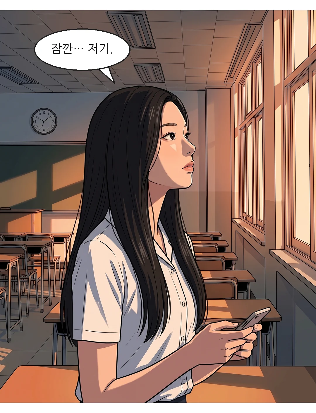 예나가 고개를 들어 창가를 본다 — 예나: 잠깐… 저기.