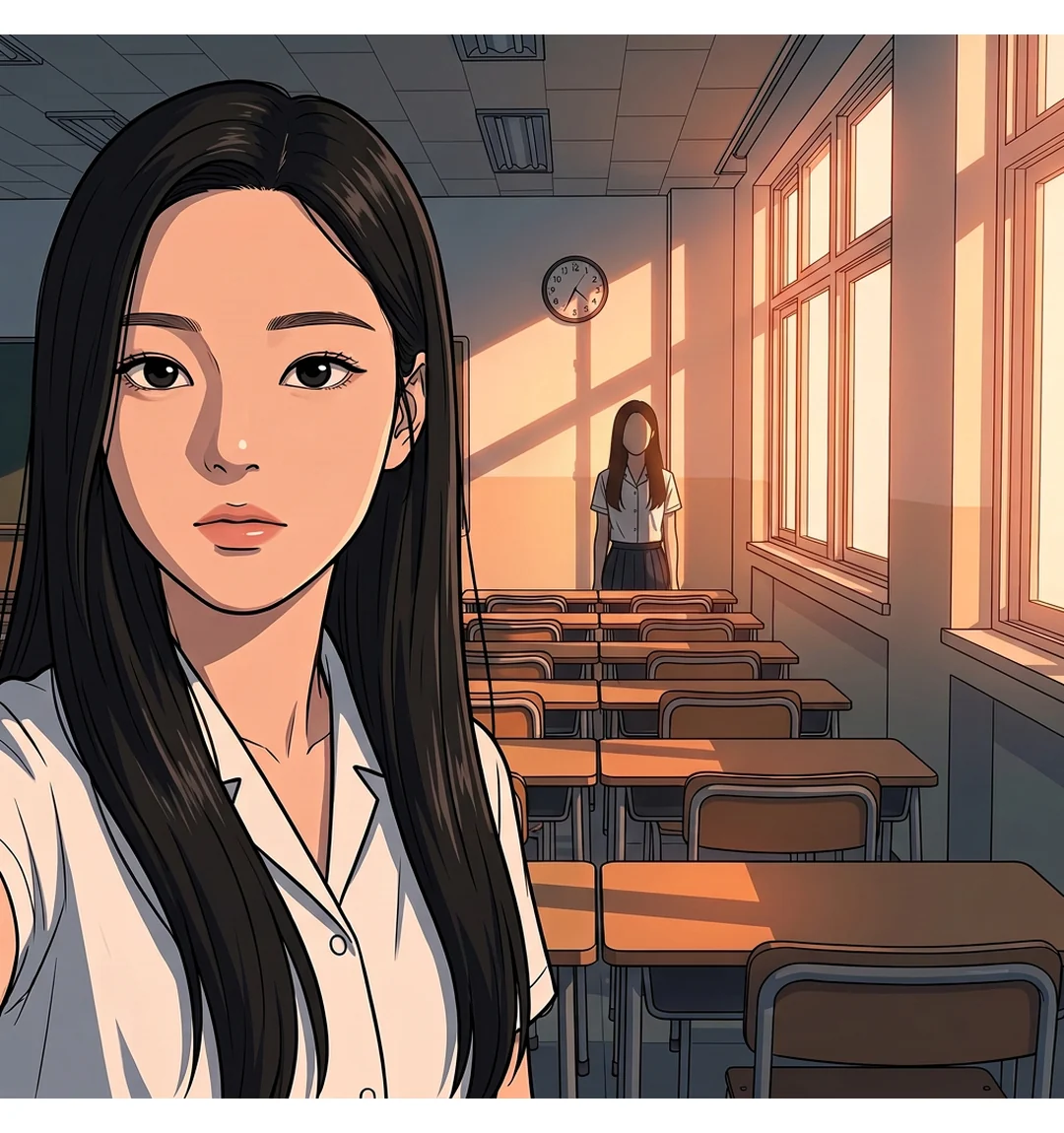 사진②. 형체가 마지막 책상 부근으로 가까워졌다. 얼굴은 머리카락과 역광에 가려 보이지 않는다