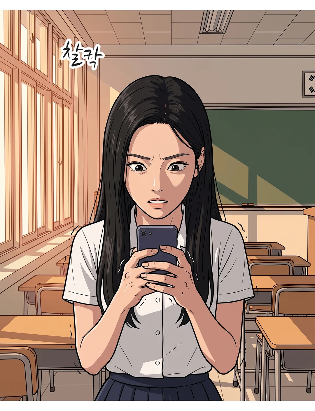 예나가 확인하려고 세 번째 사진을 찍는다. 손이 떨린다. — 찰칵