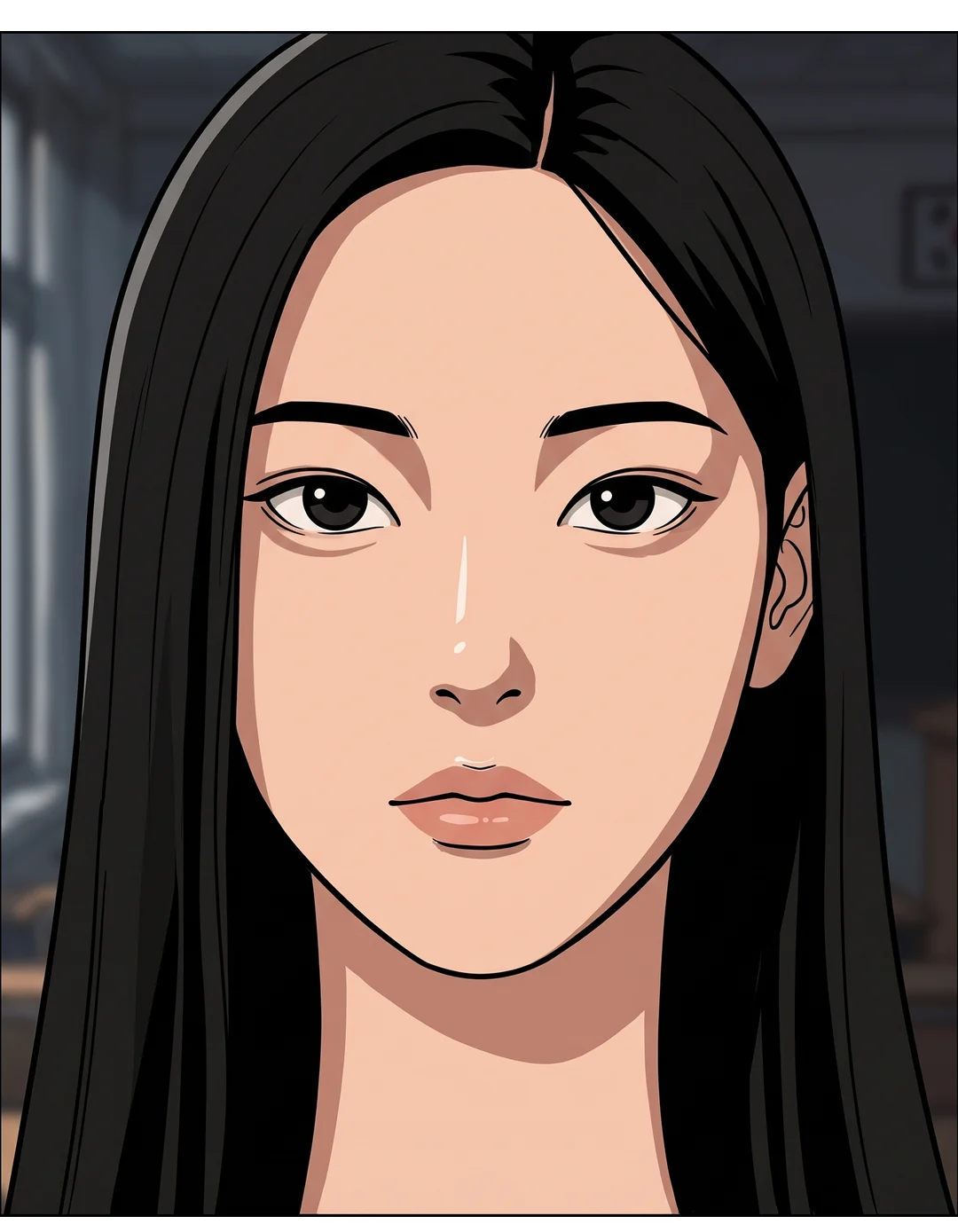 세 번째 사진의 확대. 예나와 똑같은 얼굴이 무표정하게 보고 있다.