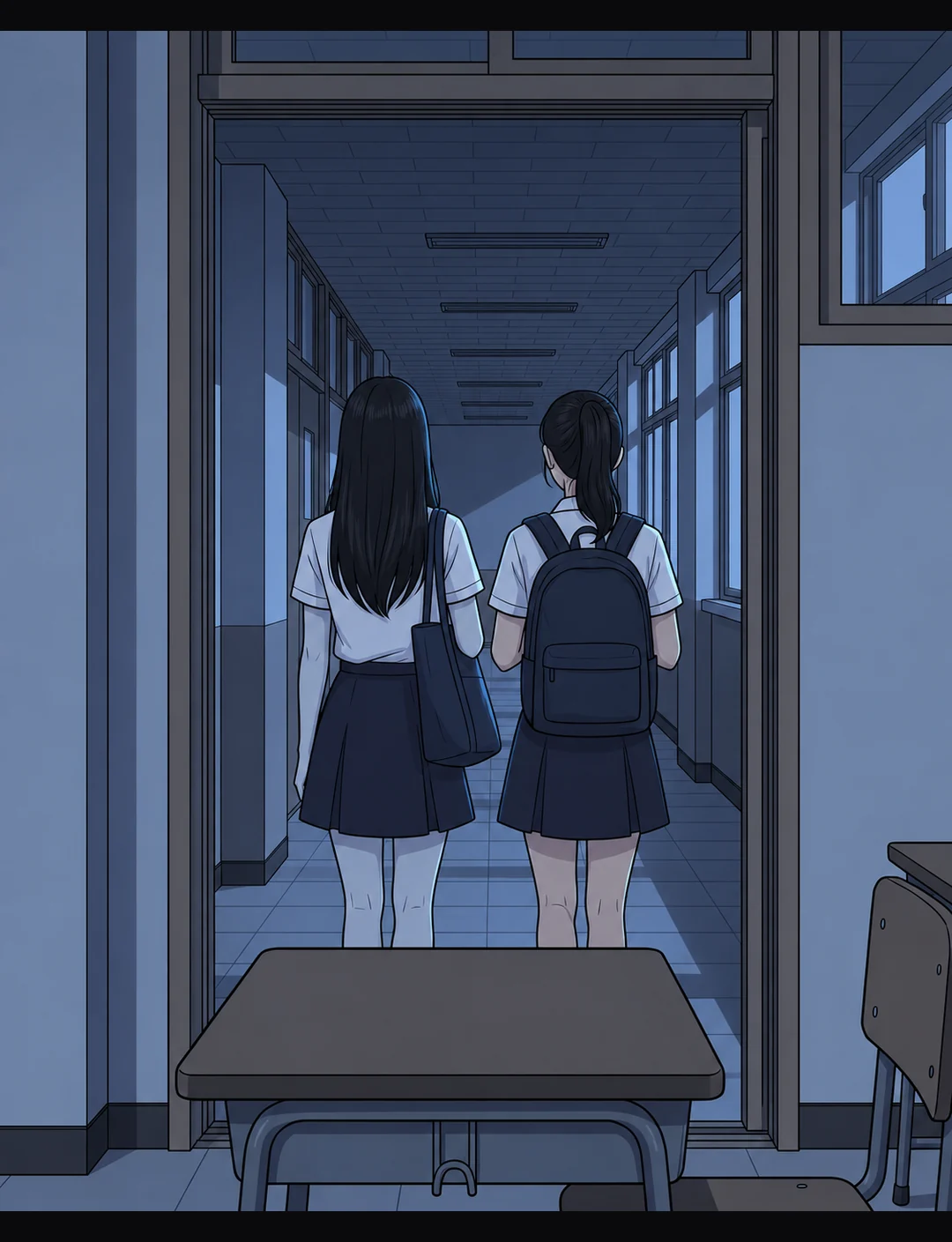 생머리 대역과 포니테일 보람이 차가운 복도로 나간다. 대역의 팔과 다리는 창백한 청회색이다.