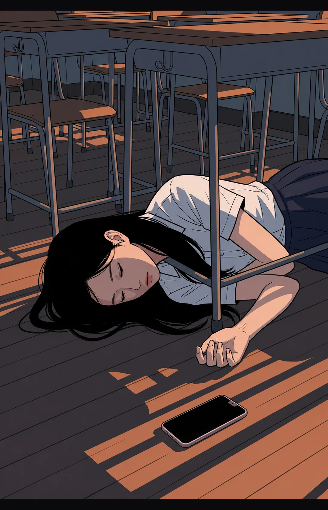 문이 닫힌 교실. 책상 아래에 실제 예나의 긴 머리, 흰 소매와 손이 남아 있다. 옆의 폰 화면은 꺼져 있다