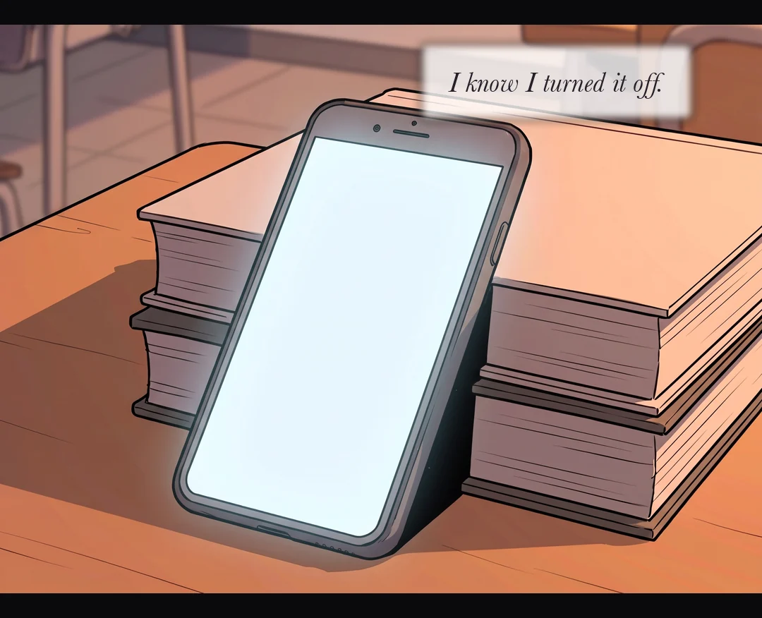 Before her hand reaches it, the locked phone wakes by itself. — Yena: "I turned it off."