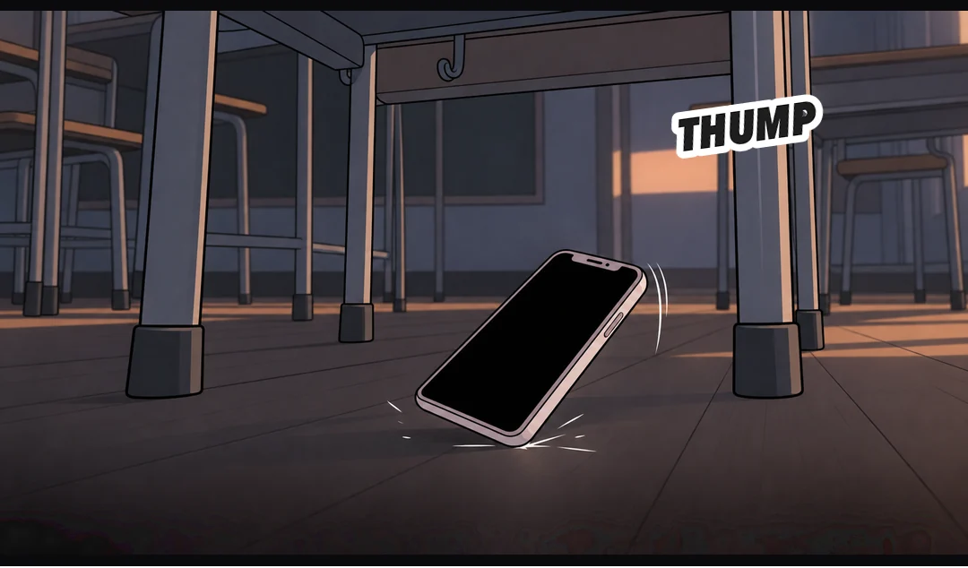 The phone, its screen black, falls to the floor under a desk. It is not taking a photo. — thud