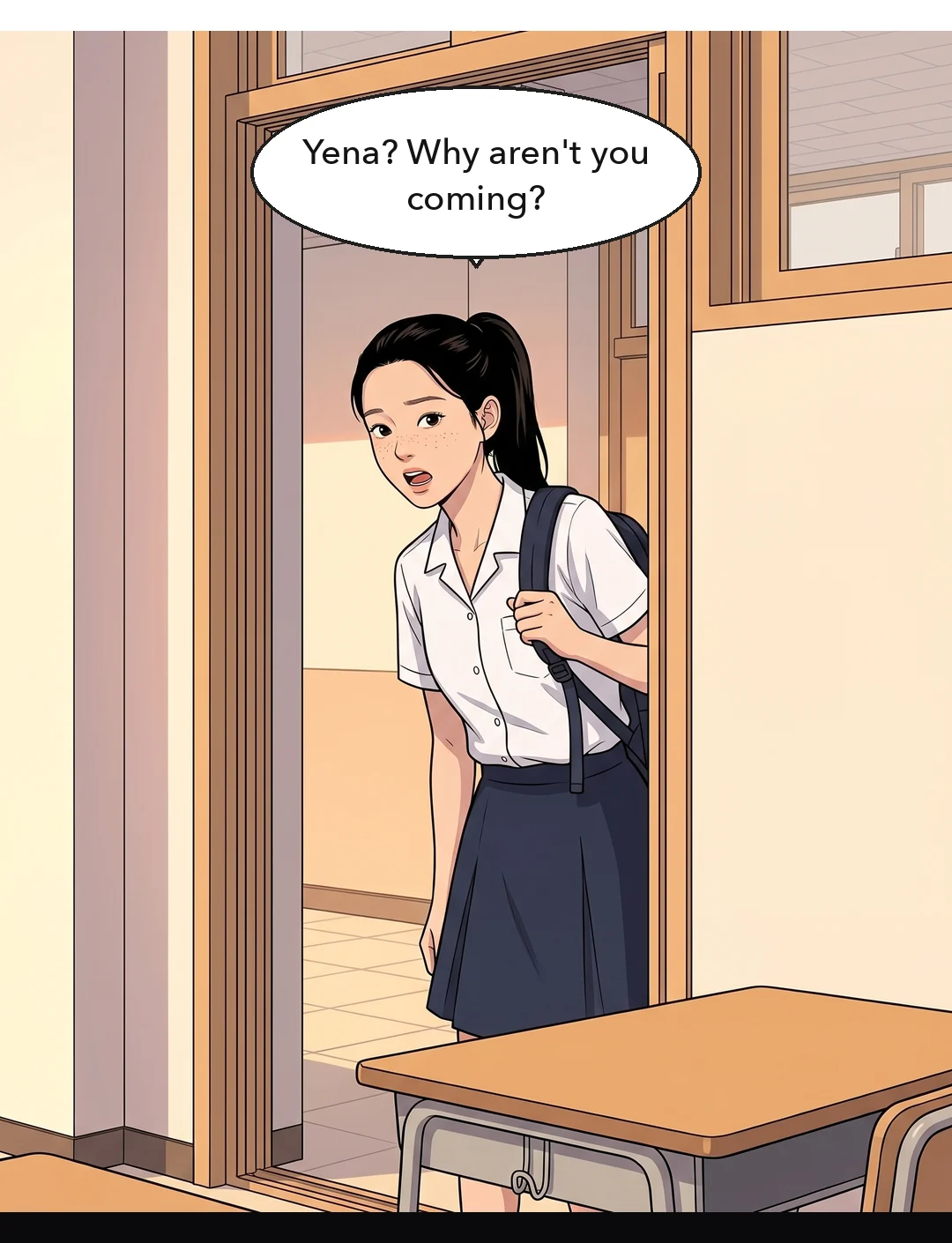 Boram, waiting in the corridor, leans back past the doorway and calls her. — Boram: "Yena? Why aren't you coming?"